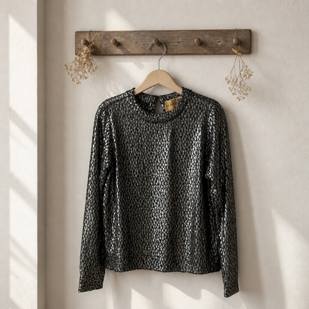 Hanley Metallic Silver Black Textured Long Sleeve Blouse Keyhole Back Size 8 NWT